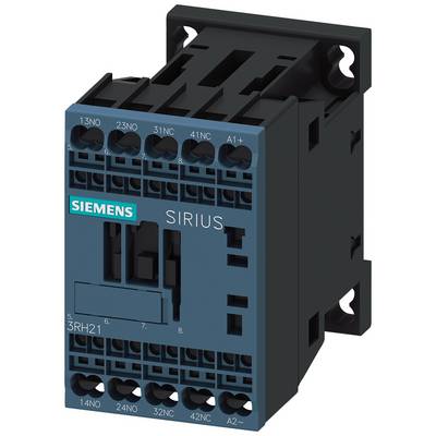 Černé a modré elektrické zařízení s logem 'Siemens', fialovými konektory nahoře, modelové označení 'SIRIUS', sériové číslo 3RH21.