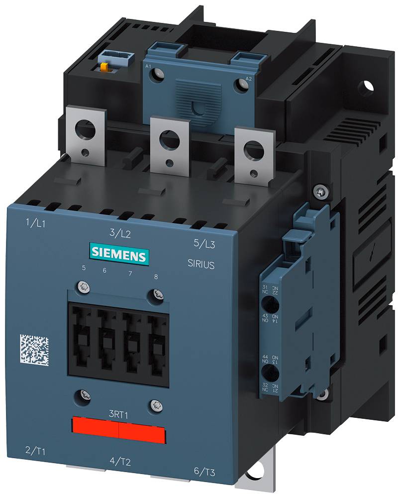 'Spínač Siemens SIRIUS 3RT1, používaný pro řízení elektromotorů, s šesti připojovacími svorkami a charakteristickým modro-černým designem.'