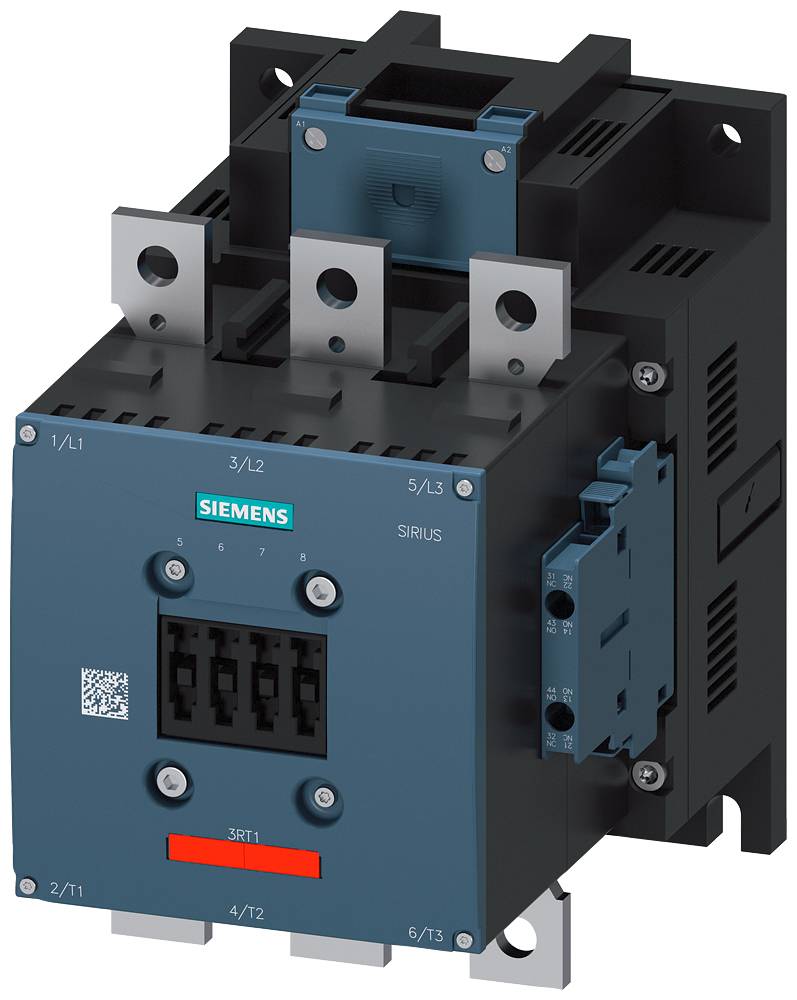 Elektrický stykač se siemens logem, modrou čelní deskou, pěti připojovacími svorkami nahoře, dvěma bočními rozšiřujícími moduly, používaný v řídicích systémech.