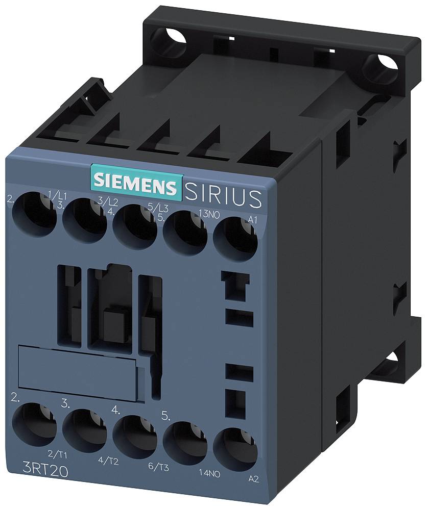Černý a modrý elektrický stykač značky Siemens Sirius s několika připojovacími svorkami nahoře.