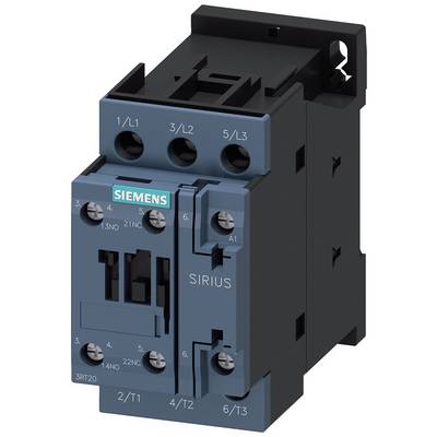 Modrý Siemens stykač s popisky na svorkách. Jedná se o elektrickou součástku pro řízení elektrických obvodů.