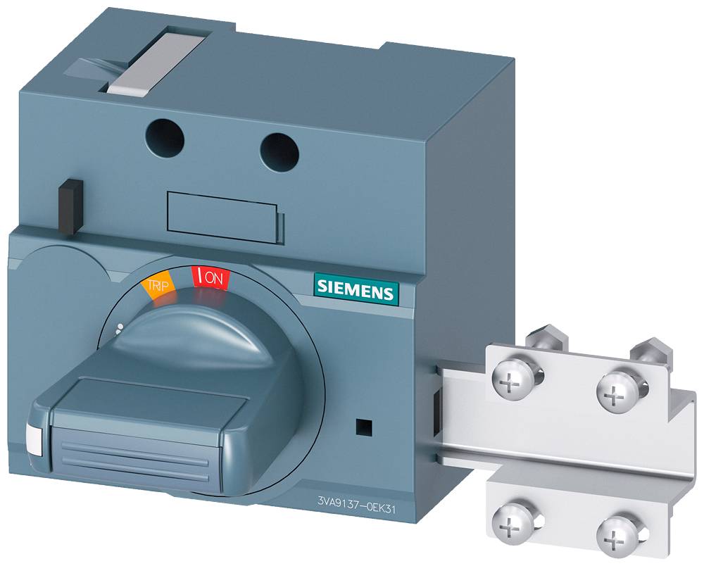 Modrý výkonový spínač Siemens s velkým otočným knoflíkem nastaveným do polohy 'ZAP'. Vpravo jsou viditelné stříbrné připojovací svorky.