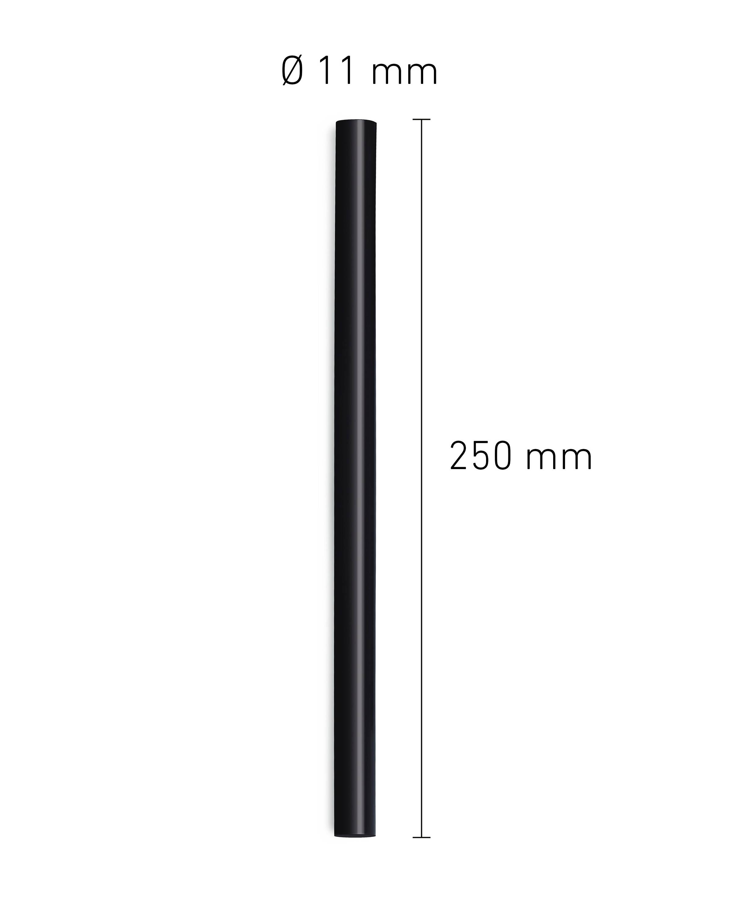 Černý válcový tyč, délka 250 mm, průměr 11 mm.