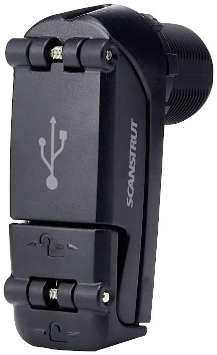 Černý USB port od společnosti Scanstrut s ochranným krytem, vhodný pro použití v přímořských prostředích.