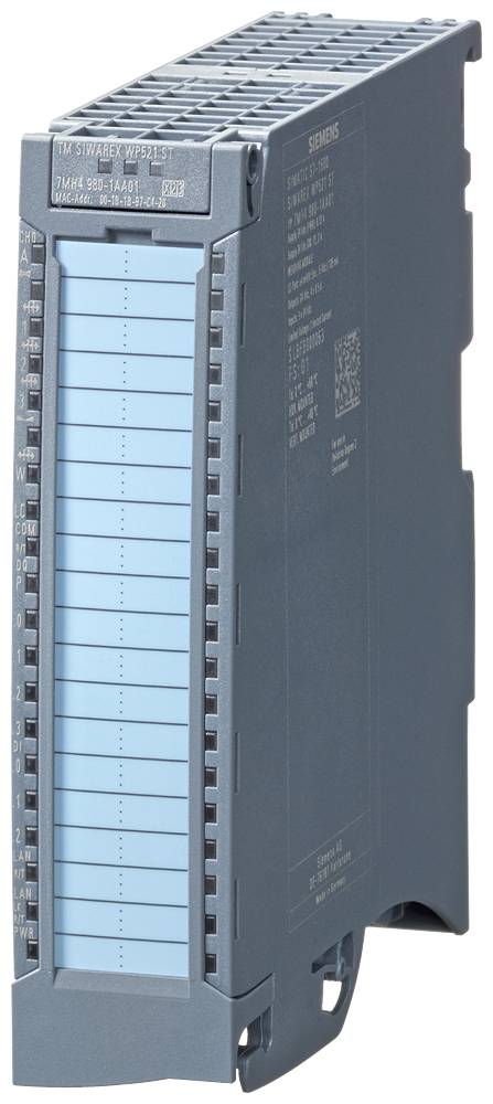 Šedý elektronický modul s několika modrými poli a popisy, pravděpodobně součást automatizačního systému.