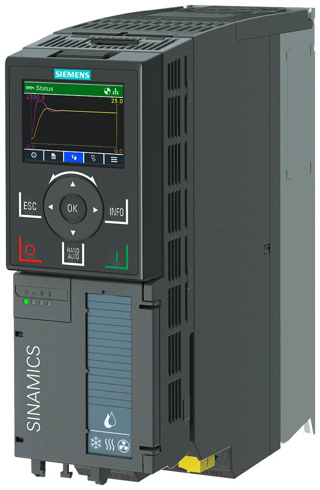 Frekvenční měnič značky Siemens, model Sinamics. Zobrazuje displej s grafy a ovládacími tlačítky pro regulaci elektrických pohonů.