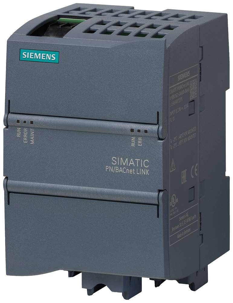 Šedý modul Siemens SIMATIC PN/BACnet Link pro automatizační techniku s firemním logem v levém horním rohu.