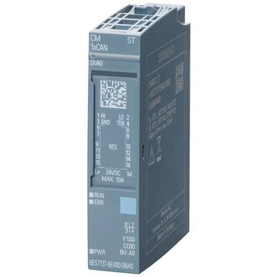 Modrý řídicí modul Siemens s různými konektory, označením QR kódu a technickými specifikacemi na přední straně.
