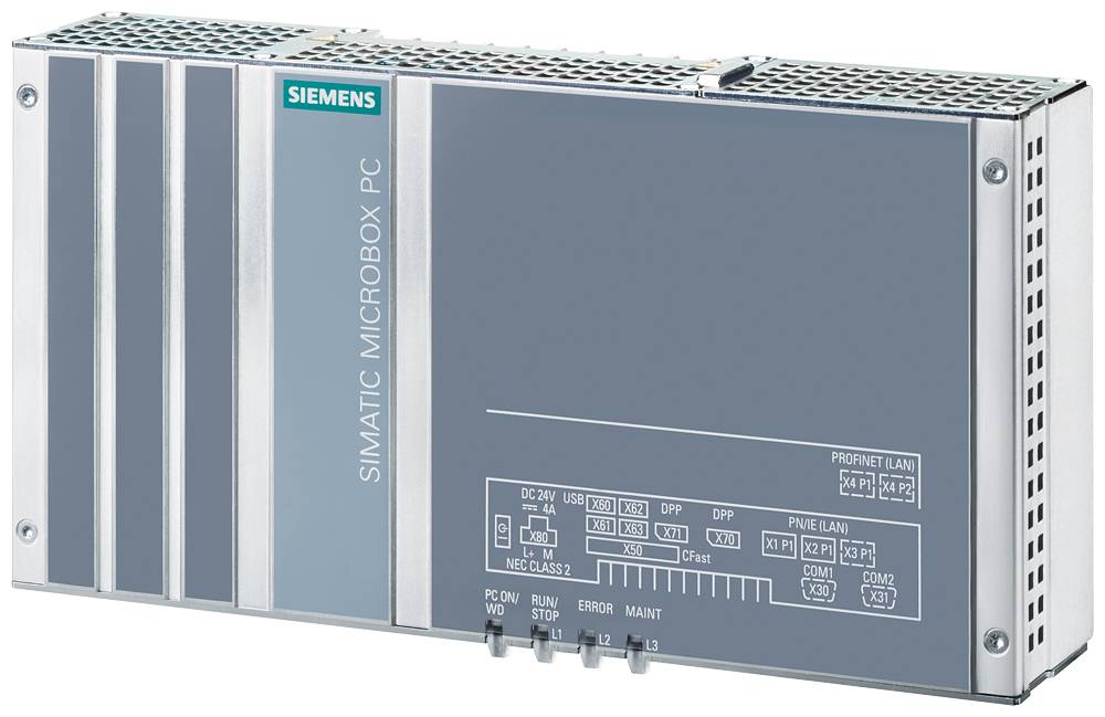 Průmyslový řídicí počítač od Siemensu s několika porty a větracími otvory, označený jako 'SIMATIC MICROBOX PC'.
