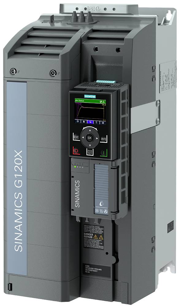 Frekvenční měnič Siemens Sinamics G120X s digitálním displejem, spínači a robustním pouzdrem pro průmyslové aplikace.