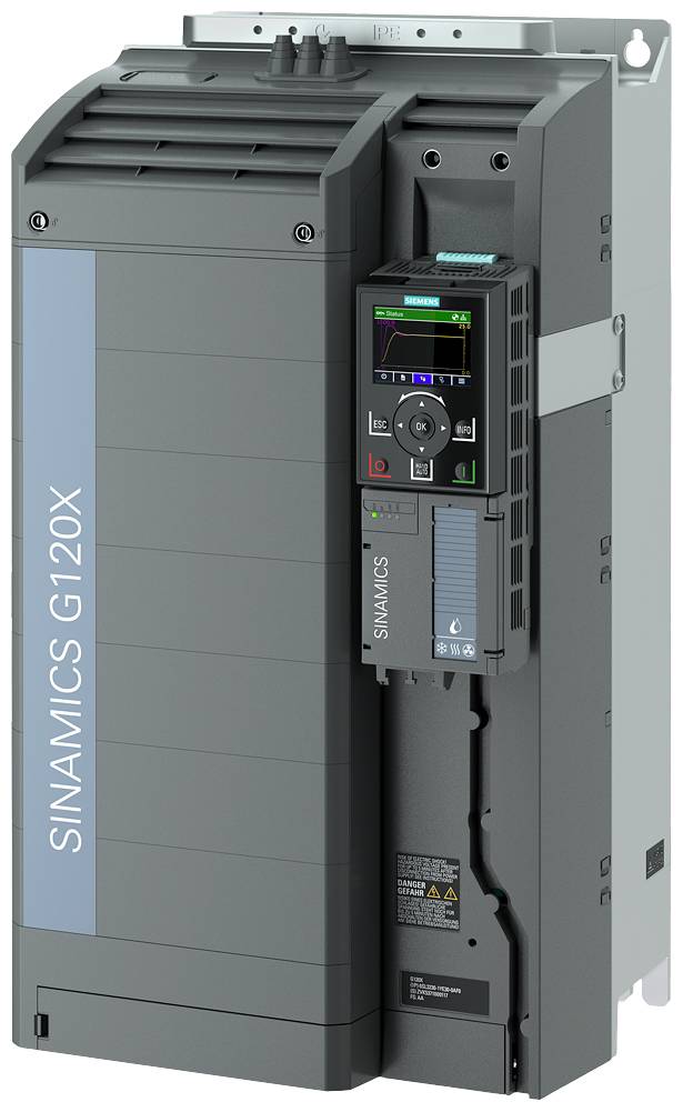 Frekvenční měnič SINAMICS G120X namontovaný na stěně. Slouží k řízení elektromotorů v průmyslových aplikacích.