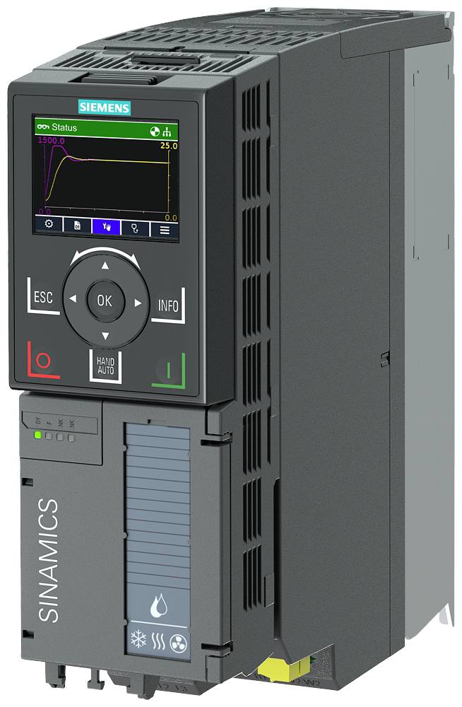 Siemens frekvenční měnič s displejem zobrazujícím stav a grafy; používá se pro řízení motorů v průmyslových aplikacích.