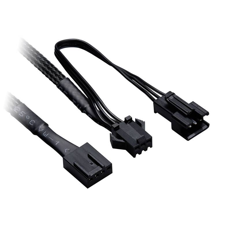 Černý ventilátor kabel se třemi konektory: 4-pinový, 3-pinový a Molex konektor. Vhodný pro zapojení počítače.