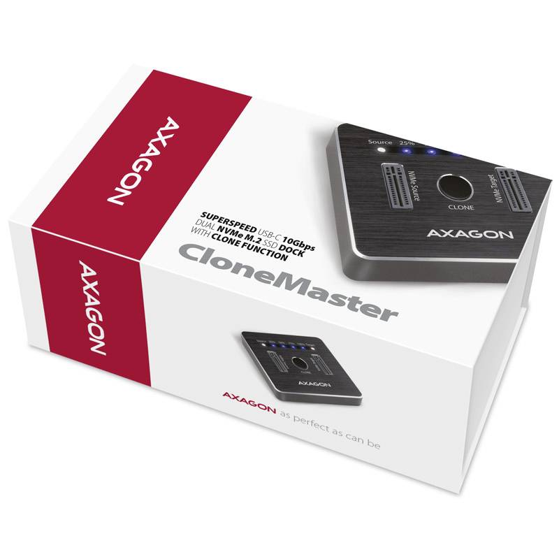 Duplicátor pevných disků s nápisem 'CloneMaster'. Zařízení má stavové LED indikátory a je vhodné pro 2,5 nebo 3,5 palcové HDD/SSD disky.