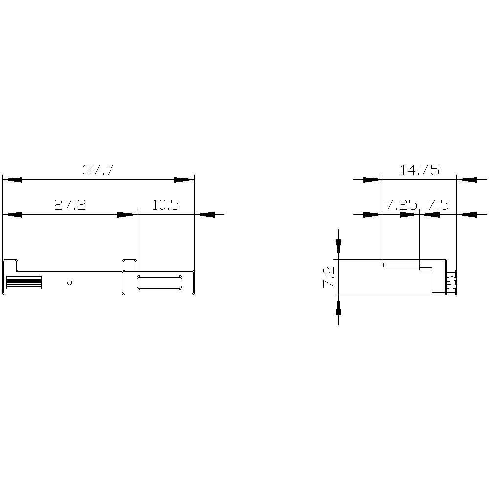 Technický výkres součásti s rozměry: vlevo 37,7 mm, 27,2 mm, 10,5 mm; vpravo 14,75 mm, 7,25 mm, 7,5 mm, 7,2 mm.