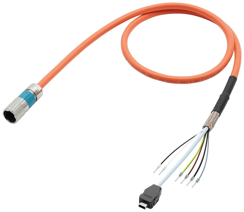 Oranžový kabel s kovovým konektorem na jedné straně a otevřeným koncem s několika barevnými vodiči na straně druhé.