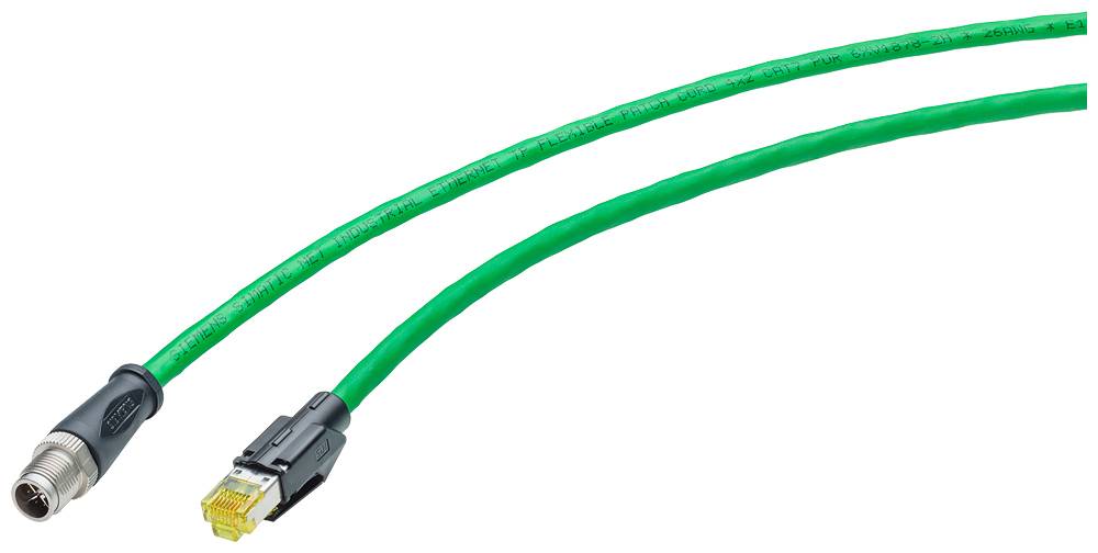 Zelený ethernetový kabel s konektorem RJ45 a kulatým konektorem M12, vhodný pro průmyslové aplikace.