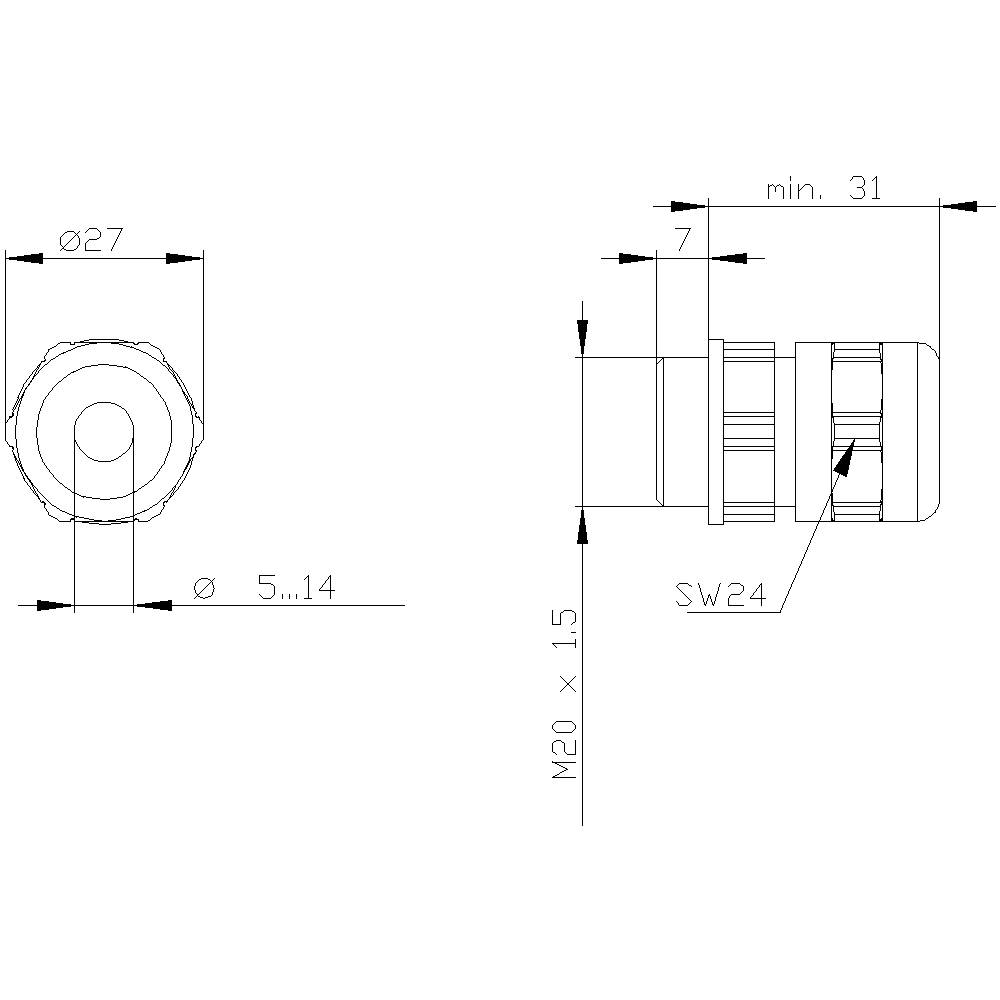 Technický výkres válcové součásti s rozměry: průměr 27 mm, délka min. 31 mm, velikost závitu M20 x 1,5, rozpětí klíče 24 mm.
