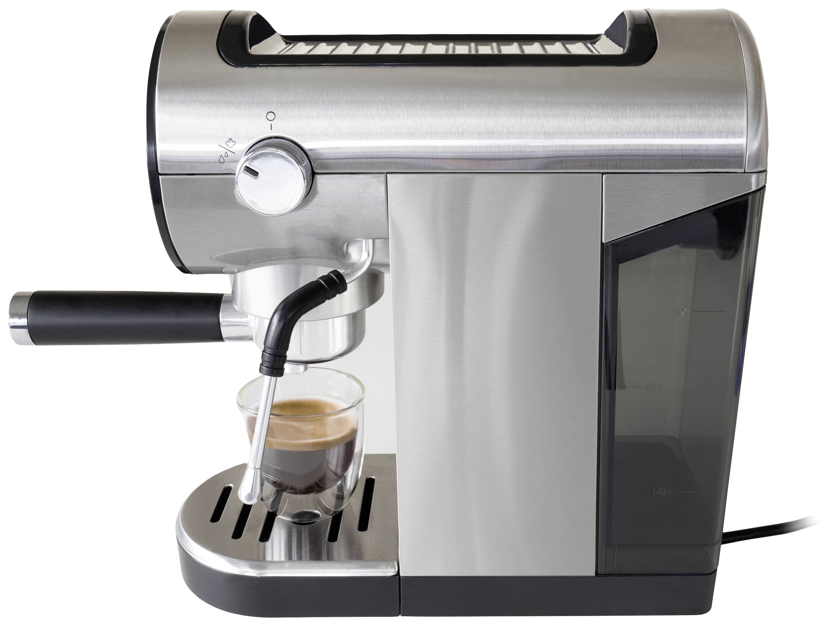 Espresso kávovar v nerezovém designu s plochou pro odložení šálků, parní tryskou a šálkem espresa umístěným pod ní.