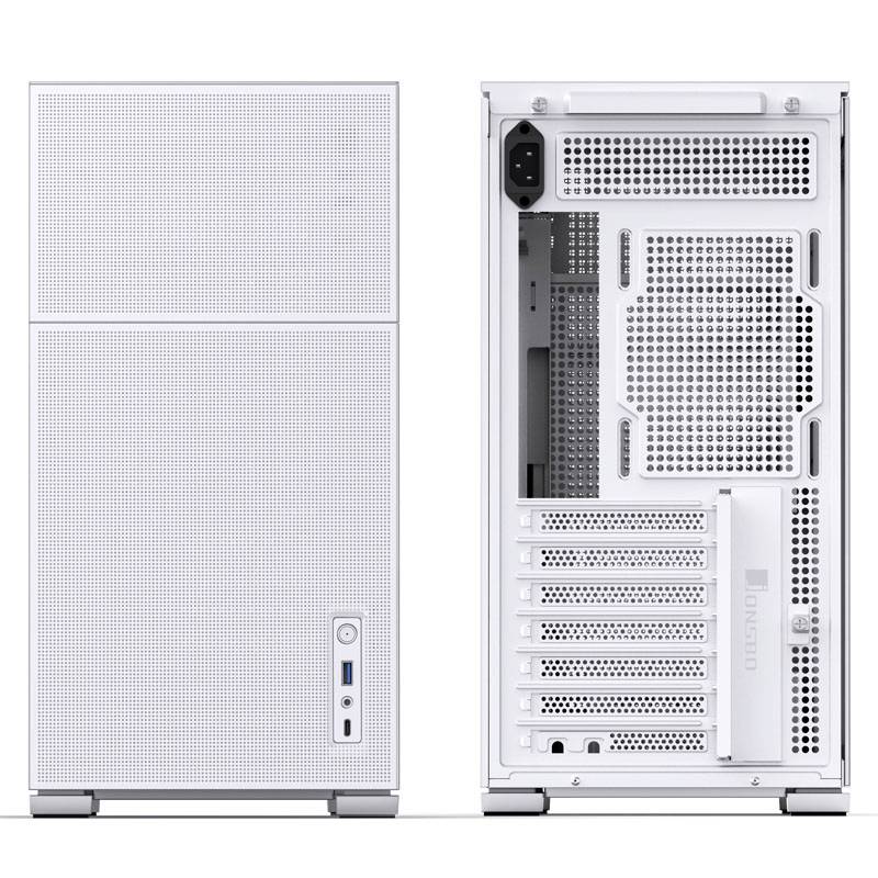 Bílá počítačová skříň s minimalistickým designem; pohled zepředu ukazuje USB port, pohled zezadu odhaluje větrací štěrbiny a sloty.