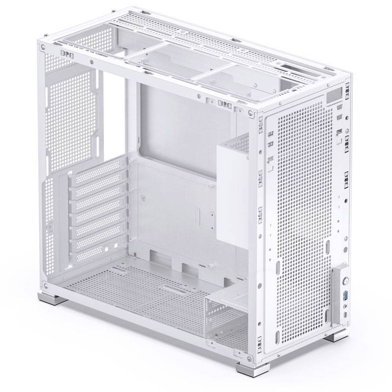 Bílý kovový počítačový chassis bez boční stěny, který ukazuje prostor pro základní desku a komponenty.