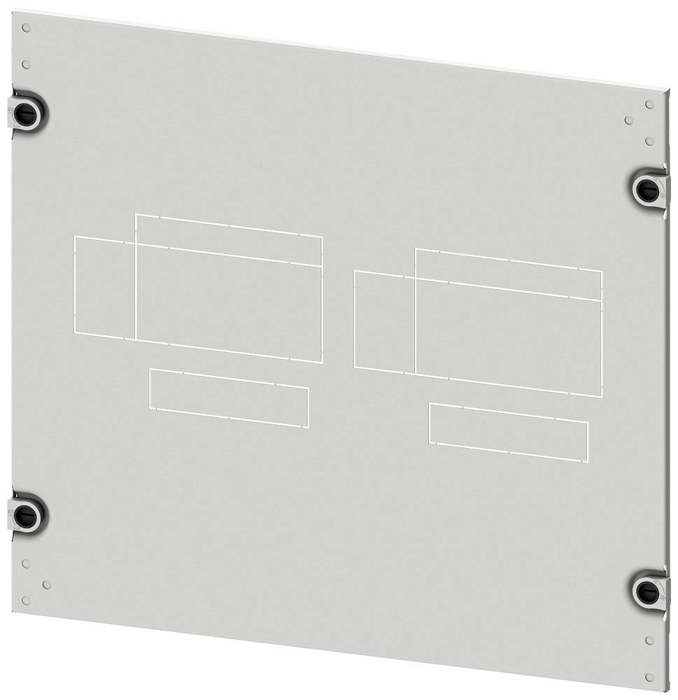 Kovová deska s obdélníkovým obrysem. Čtyři kulaté úchyty v rozích. Čistý, minimalistický design.