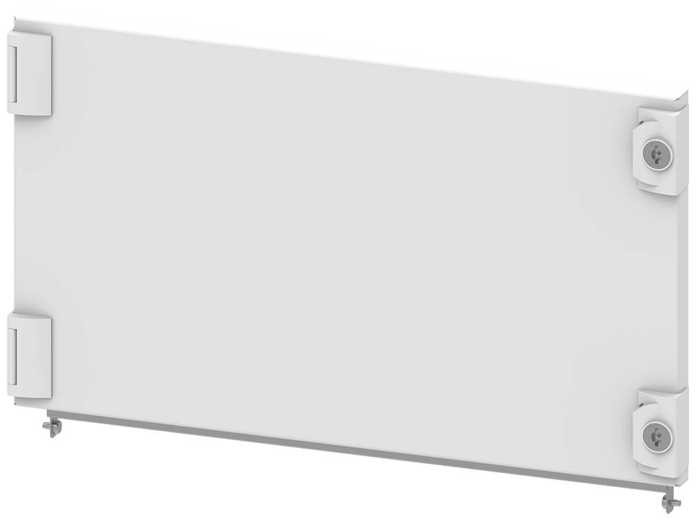 Obdélníkový bílý panel se čtyřmi rohovými kováními. Mohl by být použit jako dveře, kryt nebo příčka.