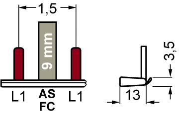 Diagram ukazuje rozměry profilu: výška 9 mm, šířka 1,5 mm, hloubka 3,5 mm. Vzdálenost mezi vnitřními kolíky: 13 mm.