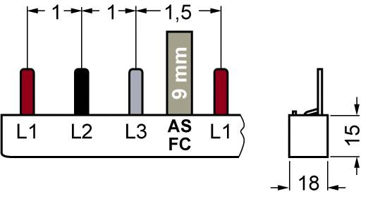 Lišta 'AS FC' s L1, L2, L3, L1 rozestup: 1 mm, 1,5 mm vedle 'AS FC', výška: 9 mm. Boční pohled ukazuje výšku 15 mm, šířku 18 mm.