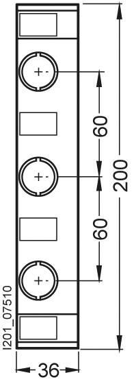Technický výkres obdélníkové součástky se čtyřmi kruhovými prohlubněmi. Rozměry: délka 200 mm, šířka 36 mm, vzdálenost mezi prohlubněmi 60 mm.