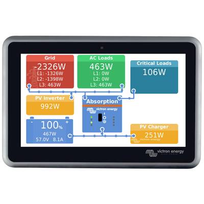 Tablet zobrazuje přehled energie: Elektrická síť '-2326W', AC zátěže '463W', kritické zátěže '106W', FV měnič '992W', FV nabíječ '251W'.