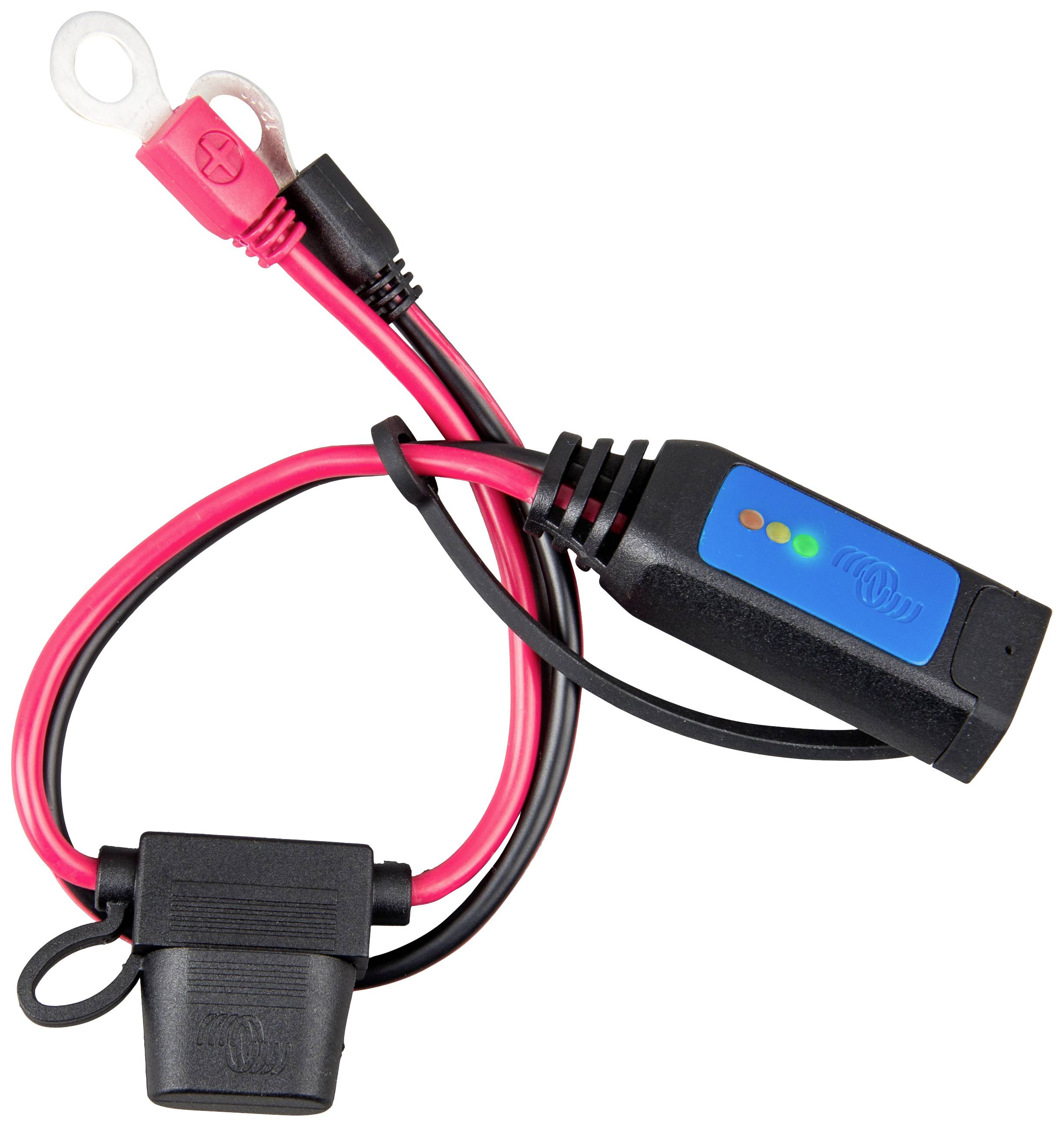 Bateriový kabel s konektorem a LED indikátorem pro sledování stavu nabití, červené a černé konce kabelu s kroužkovými a zástrčkovými spoji.