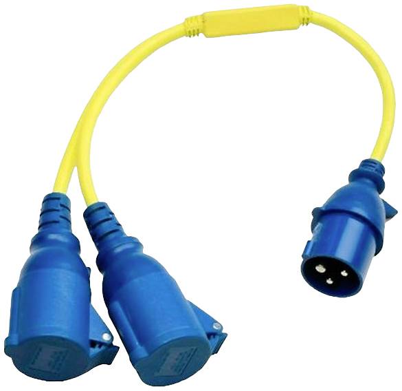 Žlutý kabel se dvěma modrými zásuvkami a jednou modrým konektorem. Adaptér pro propojení dvou zařízení pomocí jednoho zdroje energie.