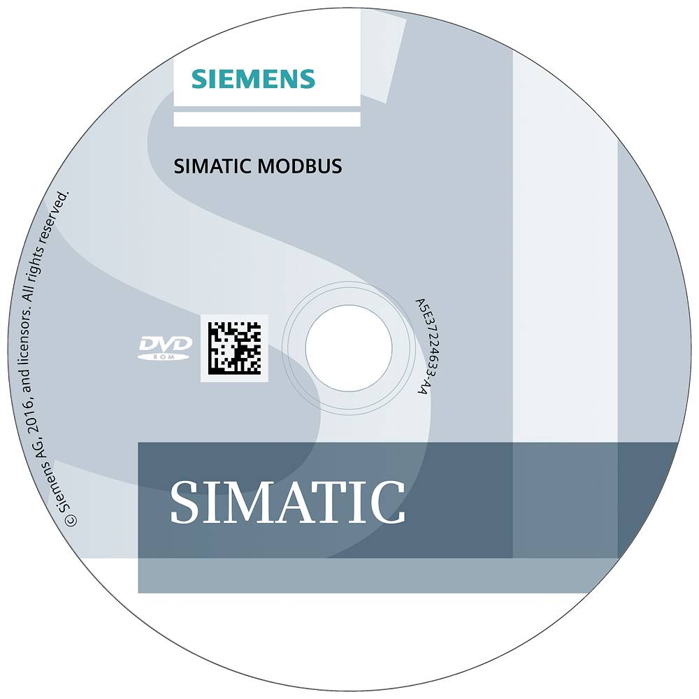 DVD s nápisem 'SIMATIC Modbus' od společnosti Siemens. Na obalu je logo, poznámka o autorských právech a QR kód.