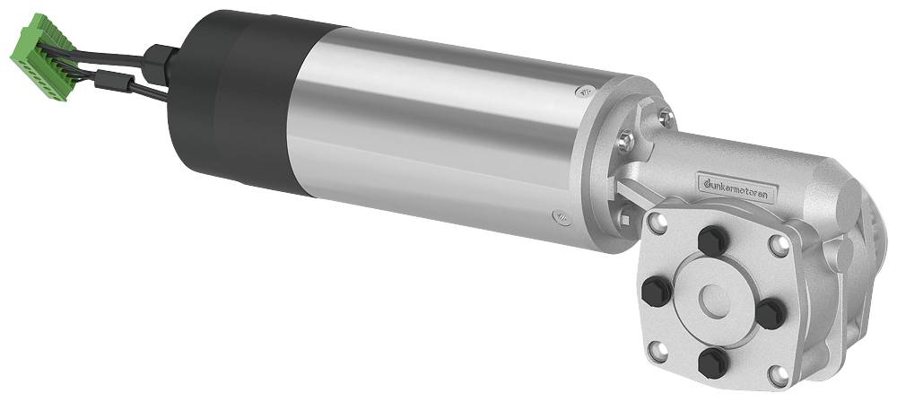 Elektrický motor se stříbrným krytem a černým připojovacím kabelem, vhodný pro mechanické aplikace.