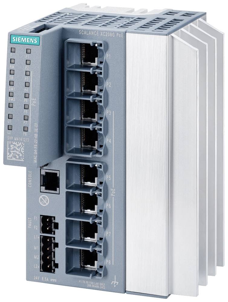 Šedý síťový switch Siemens s osmi ethernetovými porty a LED indikátory na levé straně.