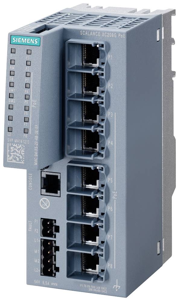 Šedý síťový switch Siemens s osmi ethernetovými porty pro průmyslové aplikace. Text na přední straně: 'SCALANCE XC208G PoE'.