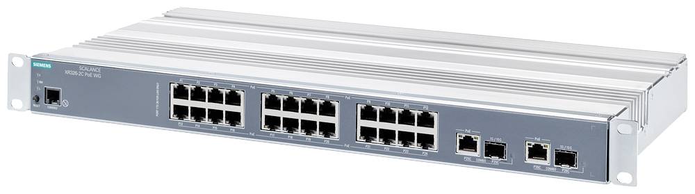 Síťový switch s 24 ethernetovými porty a čtyřmi optickými porty, vhodný pro instalaci do racku v IT infrastrukturách.