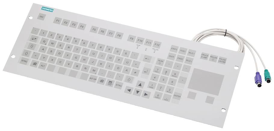Průmyslová klávesnice s PS/2 porty, šedým krytem a integrovanými ovládacími prvky pro řízení strojů.