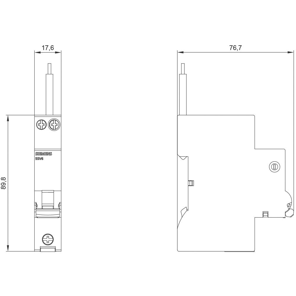Technický výkres obdélníkového elektrického komponenty s rozměry 89,8 x 17,6 x 76,7 mm. Zobrazeny boční a přední pohled.