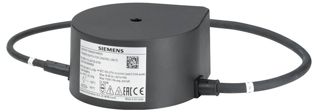 Válcové, černé senzorové zařízení od společnosti Siemens s kabelovými přípojkami a štítkem s technickými údaji a symboly.