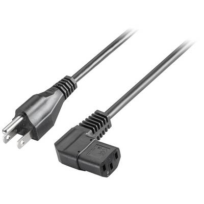 Černý síťový kabel s dvoupólovým konektorem a pravoúhlým C13 připojením, vhodný pro počítače a elektrické spotřebiče.