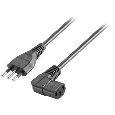 Černý síťový kabel s třípólovým konektorem na levé straně a zahnutým vstupem pro studená zařízení na straně pravé.