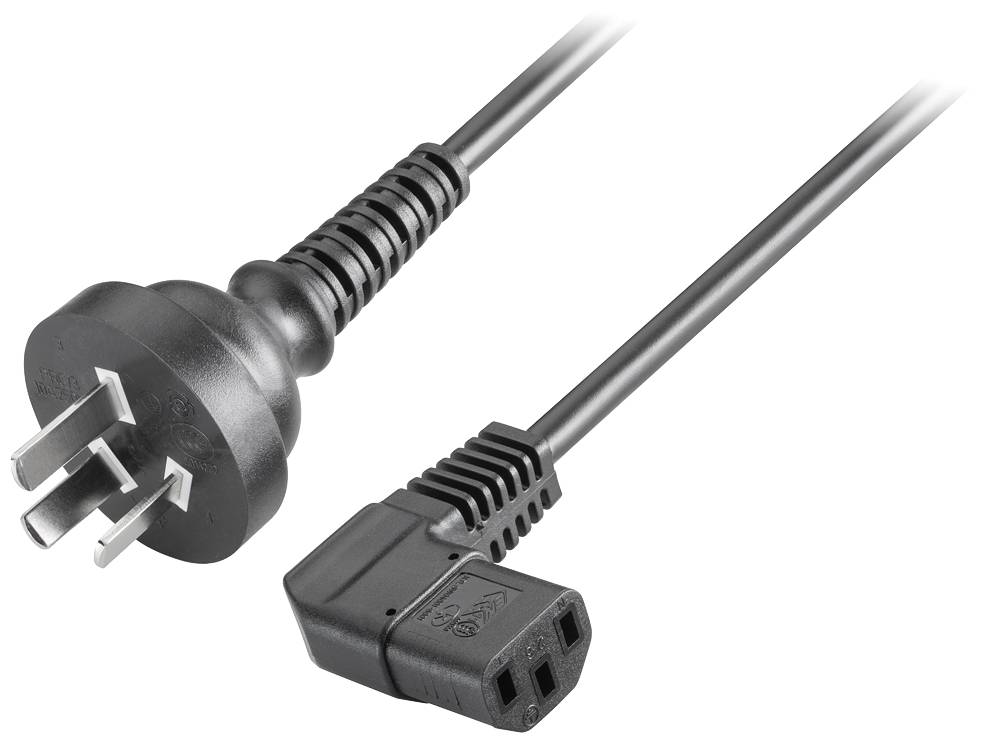 Dvoupólová síťová zástrčka s uzemněním a konektor IEC C13, propojené černým kabelem.