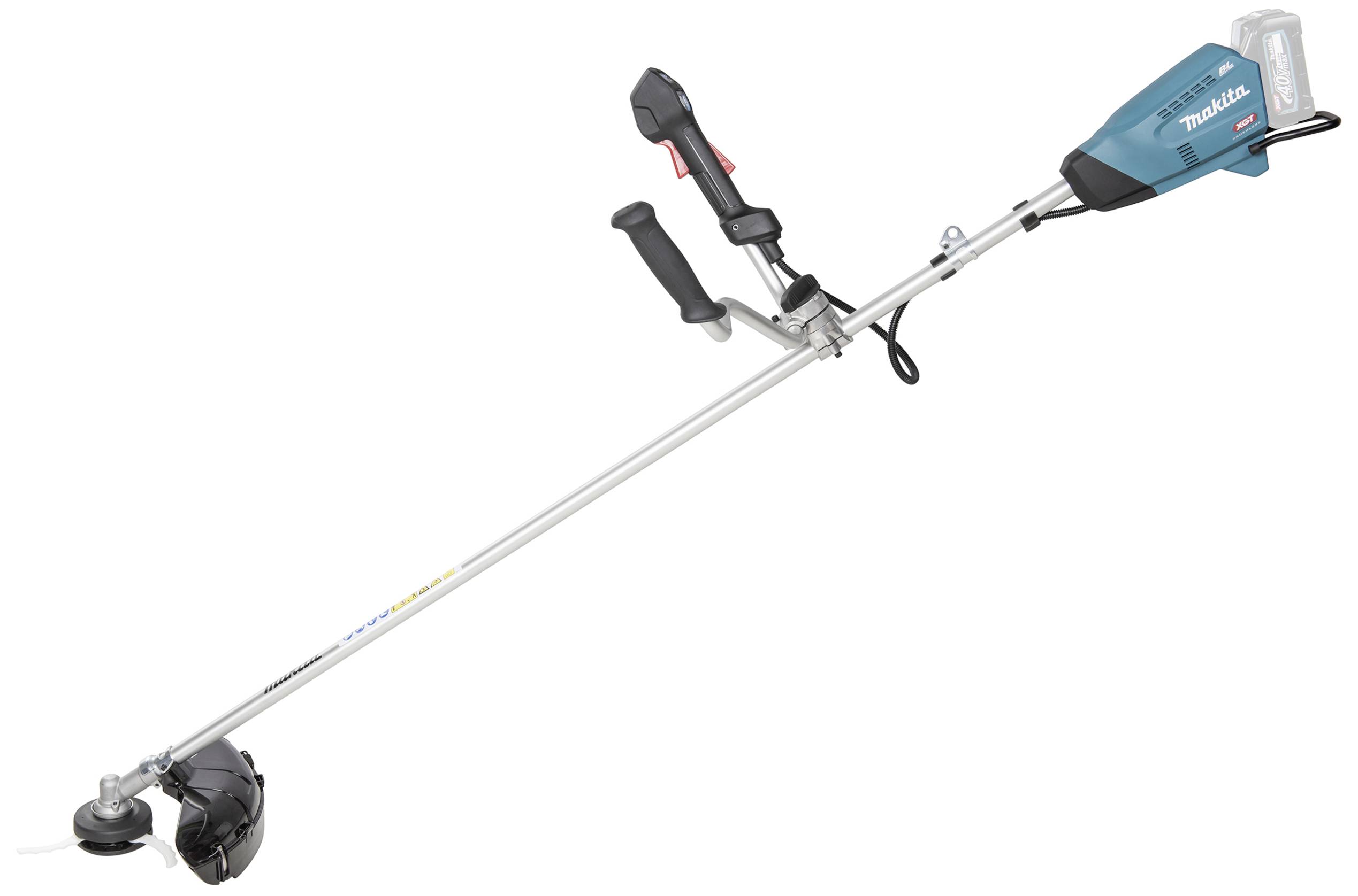 Akumulátorový vyžínač s dlouhou rukojetí, modrým krytem a ergonomickými úchopy. Ideální pro sečení trávy a plevelů na obtížně dostupných místech.