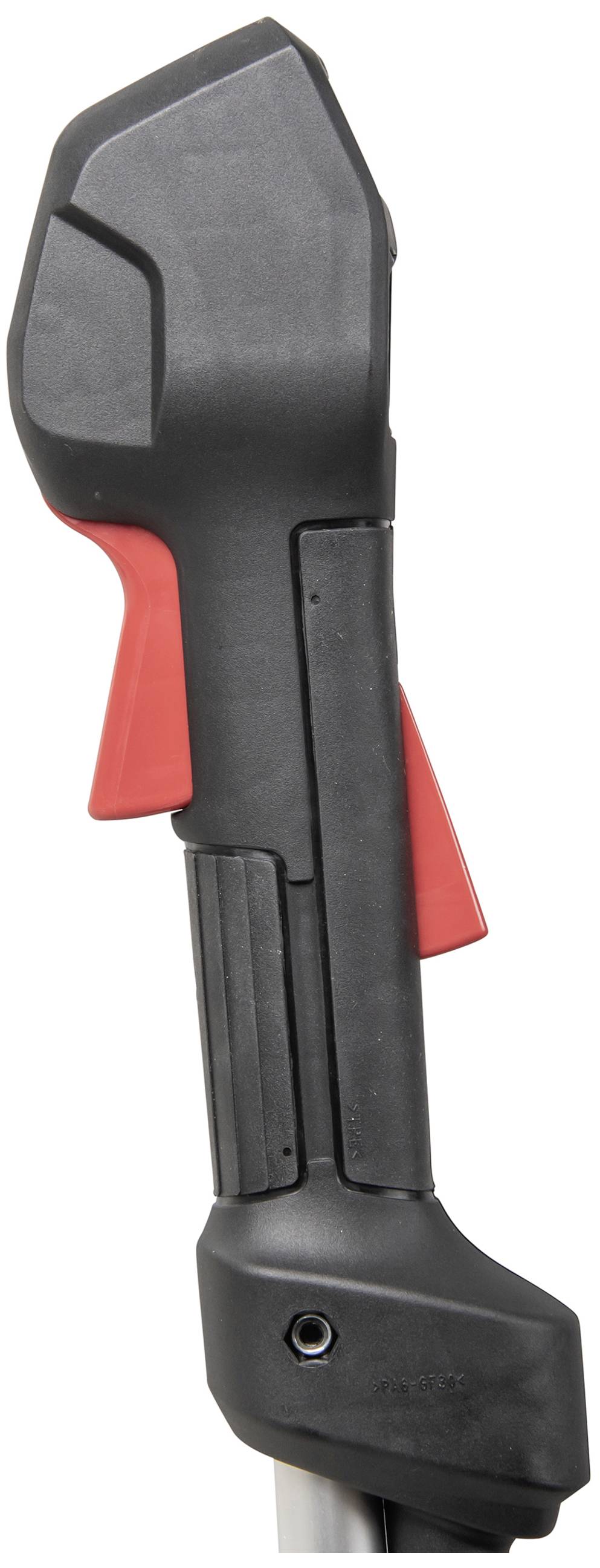 Černá a červená rukojeť nástroje, pravděpodobně určeného pro zahradní nebo řemeslné práce, s ergonomickým designem.