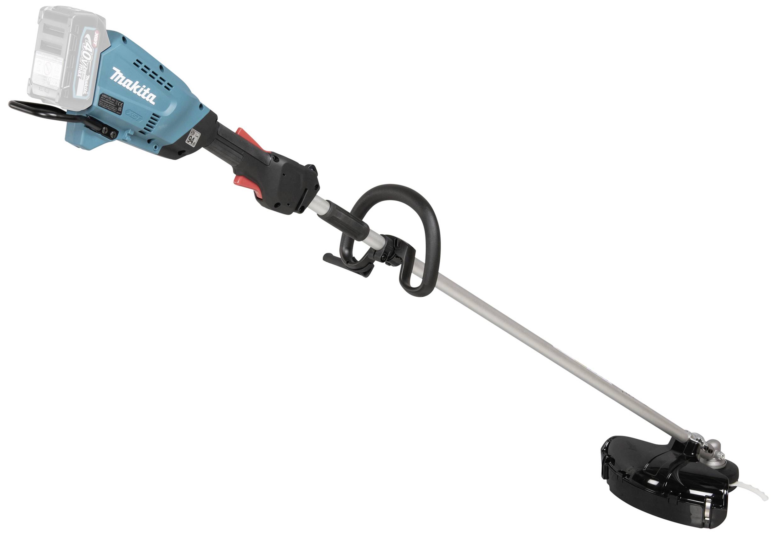 Akumulátorový travní zastřihovač Makita, modro-černý, s ergonomickou rukojetí a sekací hlavou, vhodný pro zahradnické práce.