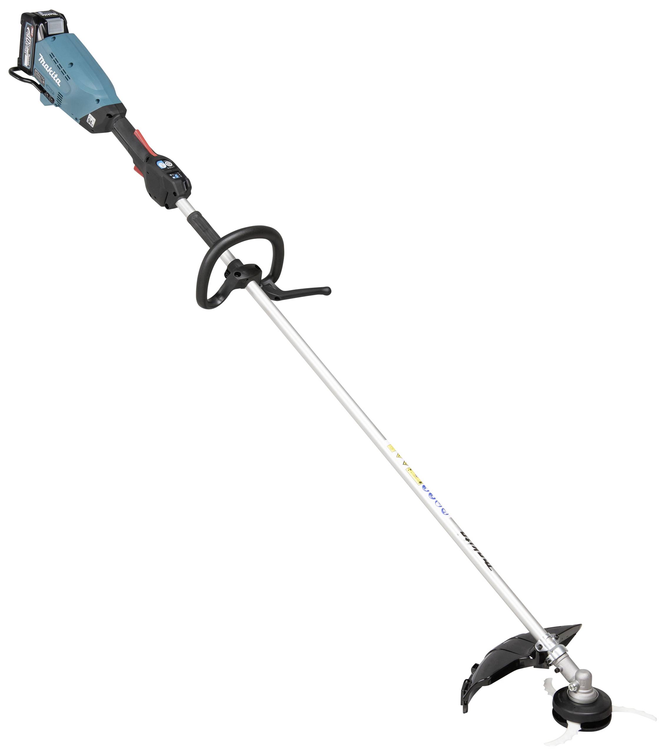 Akumulátorový vyžínač s lehkou, přímou rukojetí a ergonomickým držadlem, vhodný pro přesné sekání trávy.