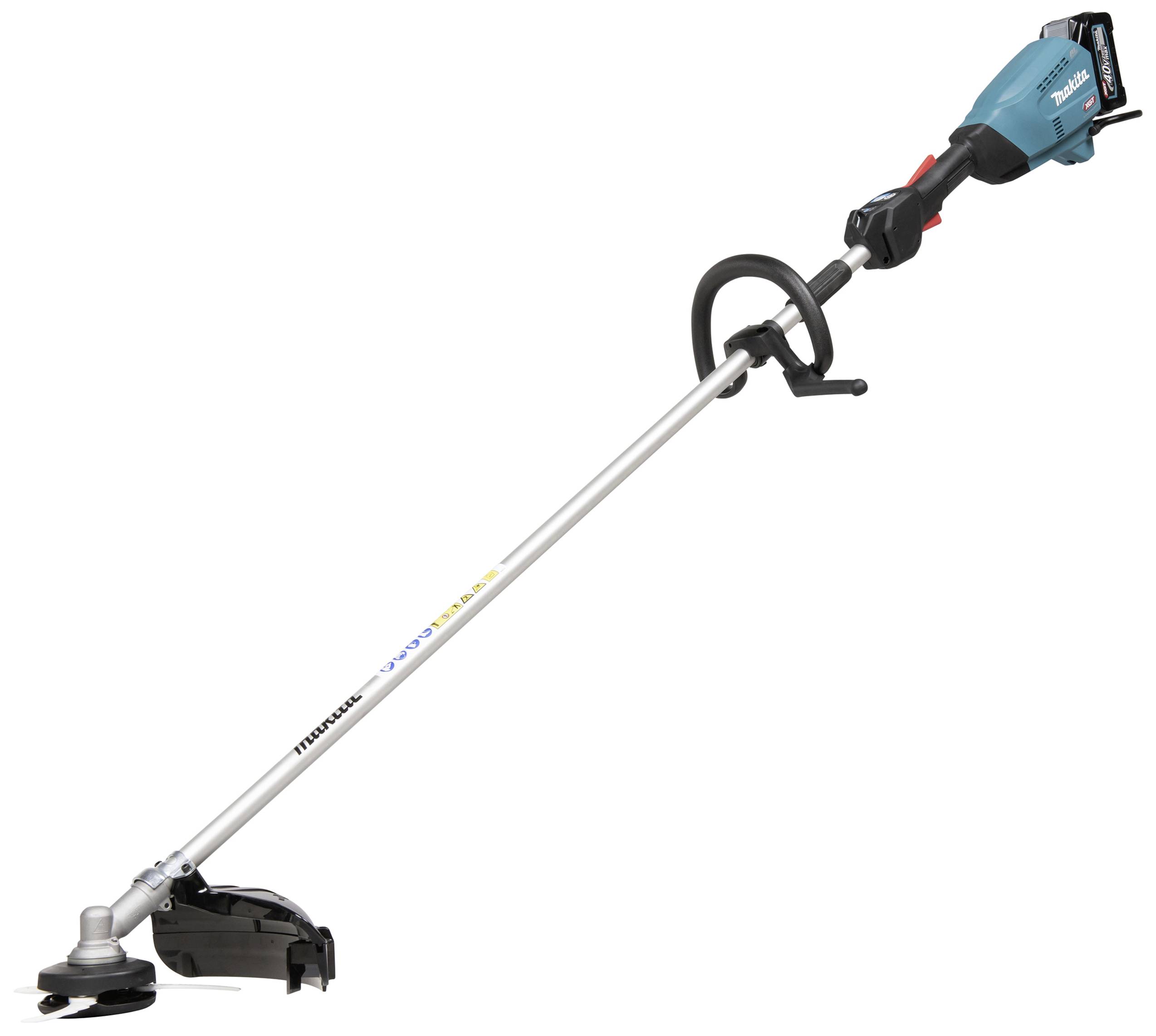 Akumulátorový vyžínač s ergonomickou rukojetí, dlouhou tyčí a sekací hlavou. Vhodný pro přesné zahradnické práce.