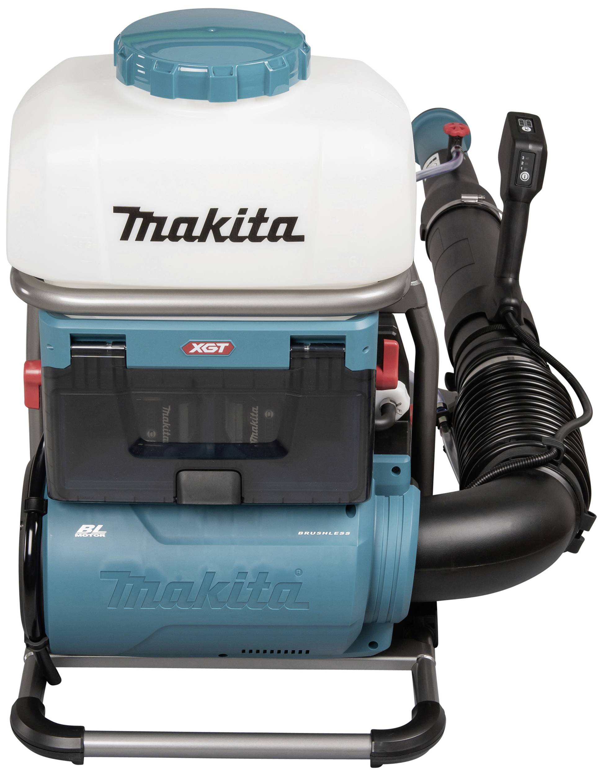 Makita akumulátorový foukač listí v petrolejové barvě, model XGT, s velkým dmychadlem a ergonomickou rukojetí. Ideální pro zahradnické práce.